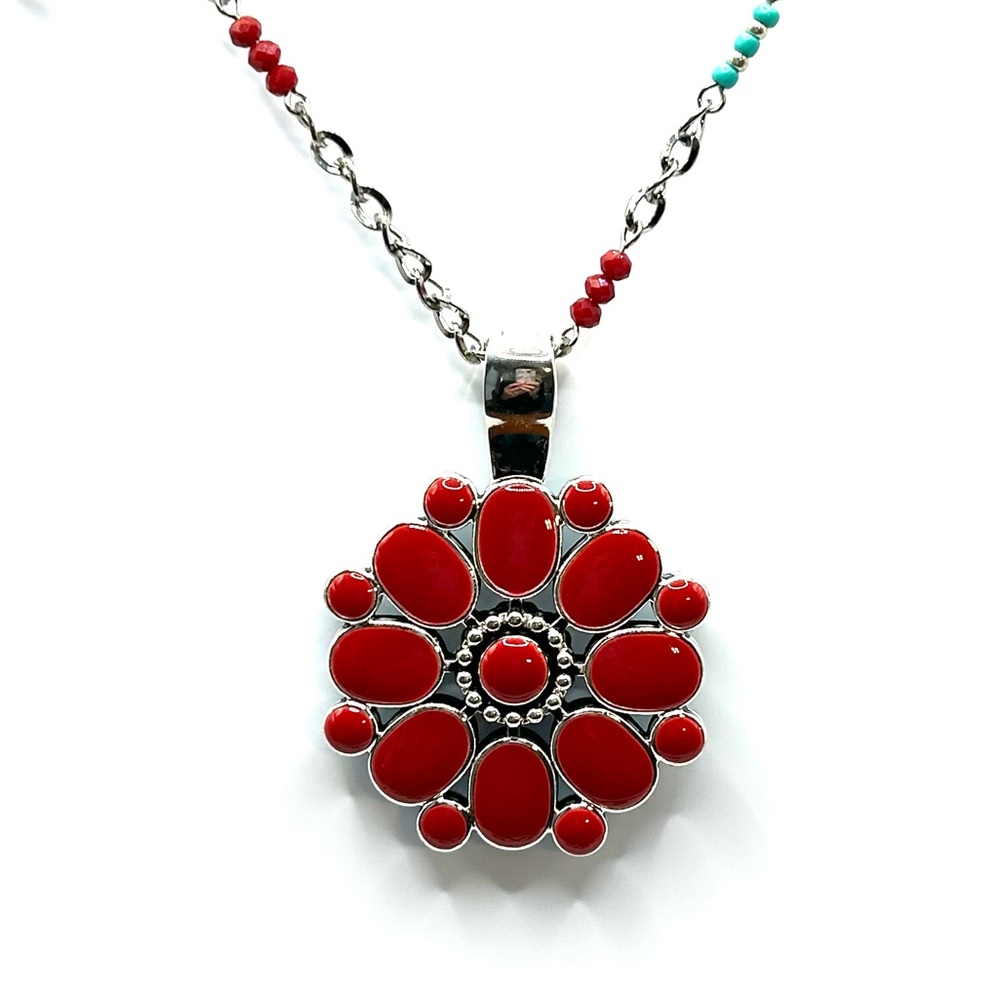 Premier Designs Reversible Red/Turquoise Floral Necklace